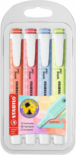 ROTULADOR FLUOR PASTEL STABILO SWING COOL PACK 4 COLORES PUNTA 1/4 MM.