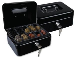 CAJA CAUDALES Q-CONNECT 10 250X180X90 MM NEGRA CON PORTAMONEDAS