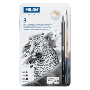 GRAFITO ACURELABLE MILAN PACK 3 UNIDADES HB-4B-8B + PINCEL, SACAPUNTAS Y GOMA DE BORRAR EN CAJA METÁLICA 