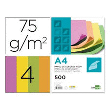 PAPEL A/4 COLORES FLUOR  SURTIDOS 80 GR. 4 COLORES  500 HOJAS