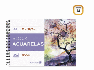 BLOC DE DIBUJO ACUARELAS A/4 190 GRAMOS 20 HOJAS GOLDEN