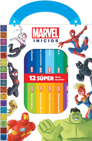MARVEL INICIOS - MI PRIMERA BIBLIOTECA - 12 LIBROS DE CARTON - PI KIDS