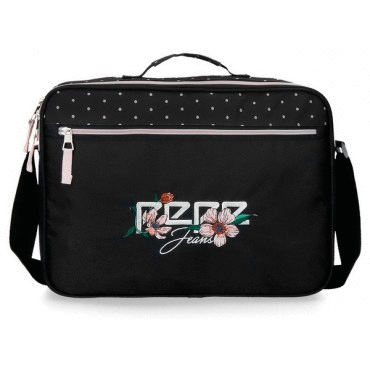 MALETIN PEPE JEANS ARMADE NEGRO CON FLORES ROSAS. Mochilas escolares. Librería Selecta